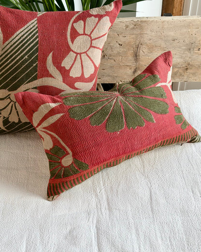 Vintage Kantha Cushion In Forest Green and Pink - Small Rectangular
