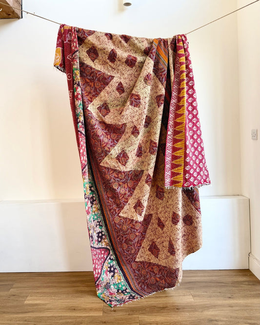 Super King Vintage Kantha Quilt in Pink and Brown - Biggs & Hill
