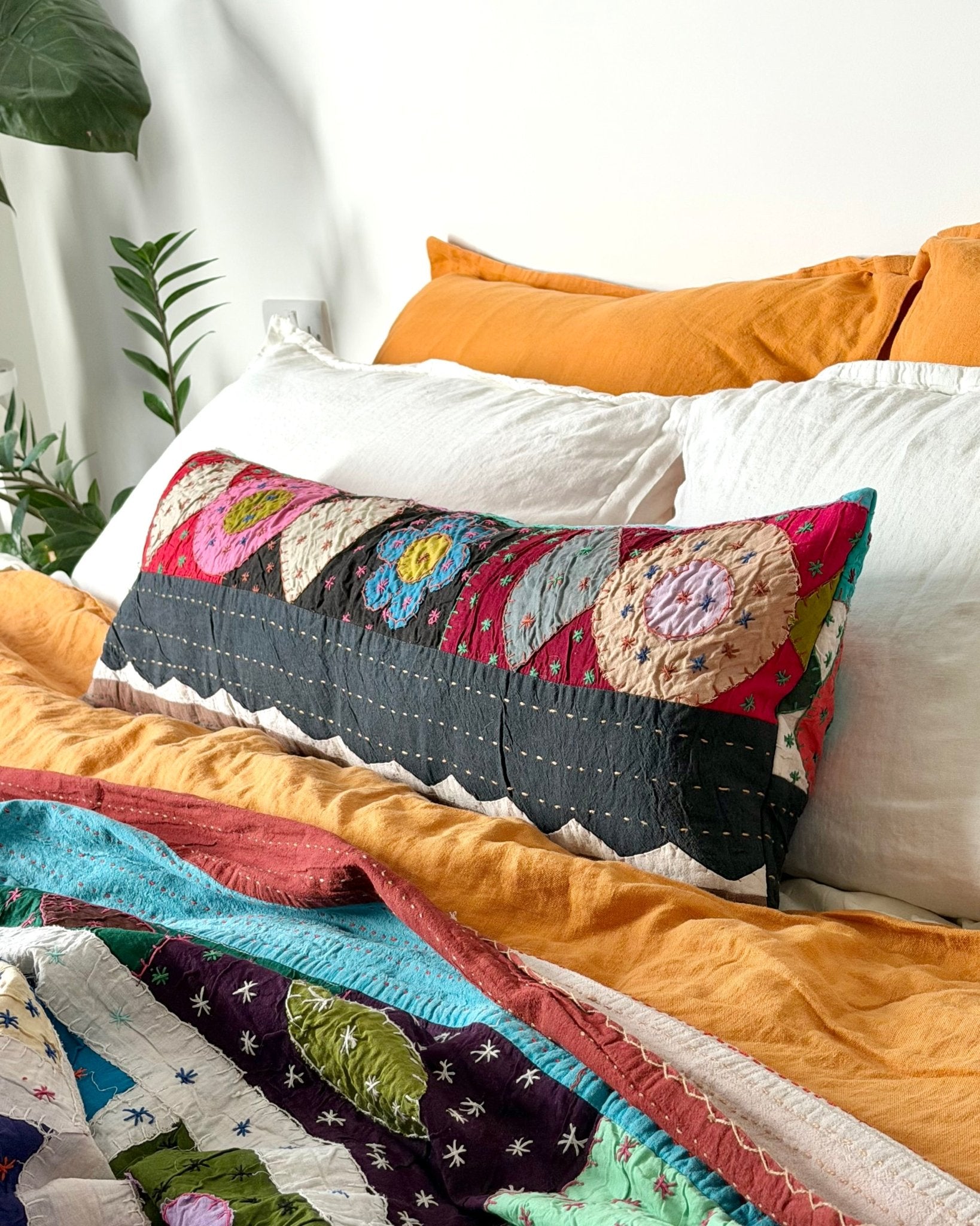 Patchwork Hand Stitched Reversible Bolster Cushion 01 - 80cm - Biggs & Hill