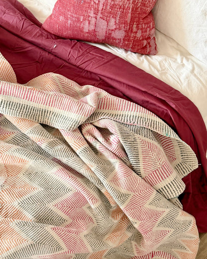 Heavy Vintage Lohori Kantha Quilt in Pink and Yellow Zig Zags - Biggs & Hill