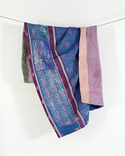 Heavy Fine Stitched Embroidered Vintage Kantha Quilt in Blue and Pink
