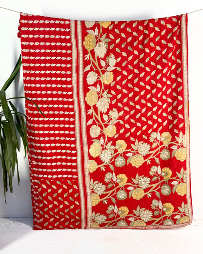 Large Fine Stitched Vintage Kantha Quilt in Pink, Red and Yellow