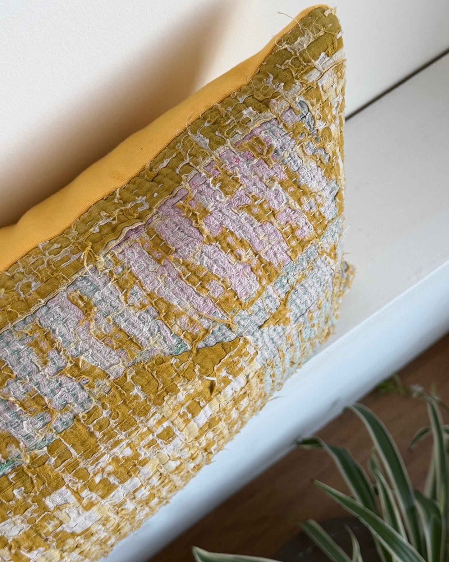 Vintage Kantha Bolster Cushion In Yellow 03 - Biggs & Hill