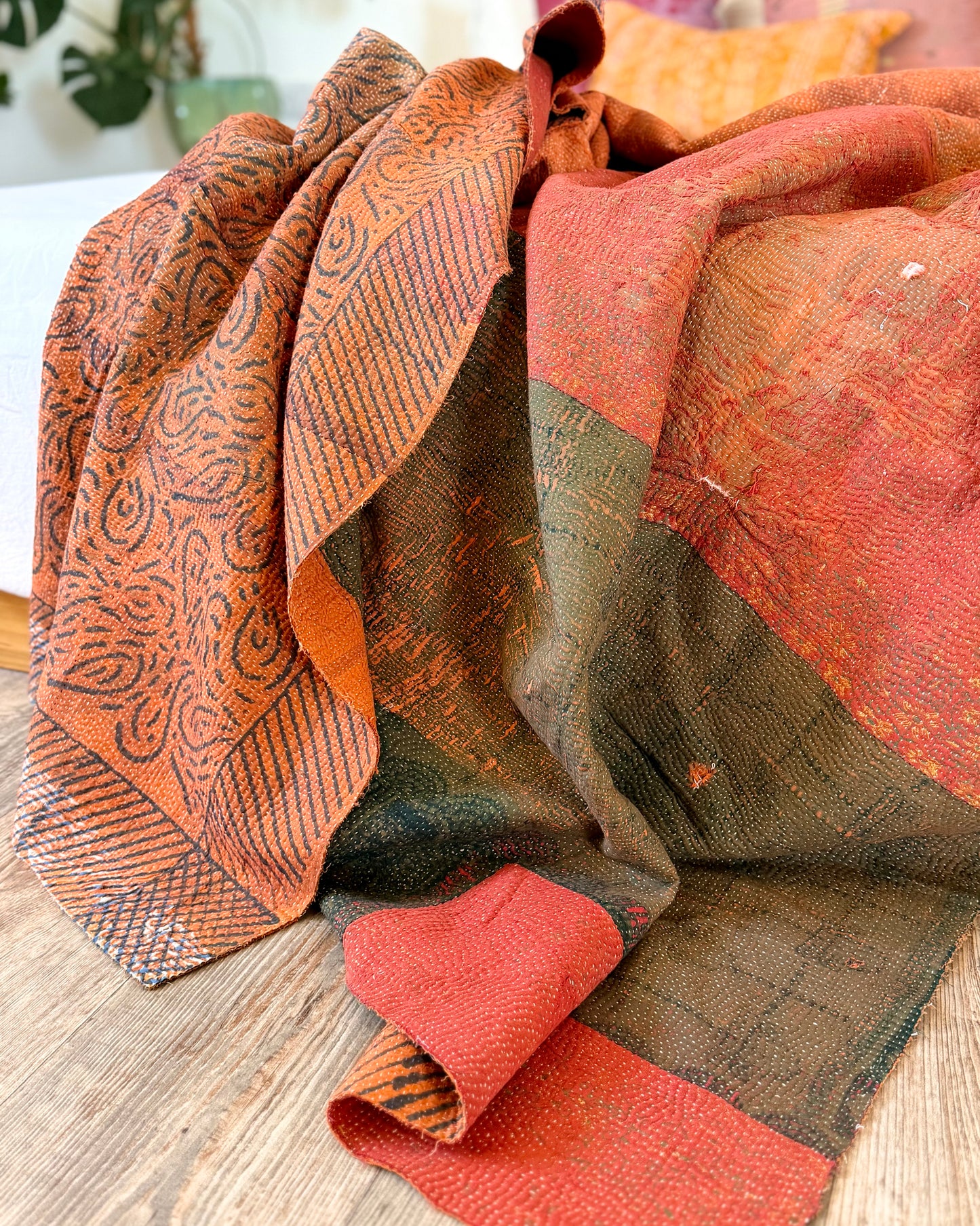 Ajrakh Printed Vintage Kantha Quilt In Orange And Green