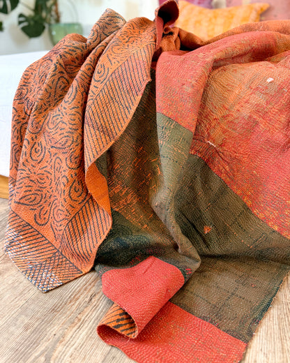 Ajrakh Printed Vintage Kantha Quilt In Orange And Green