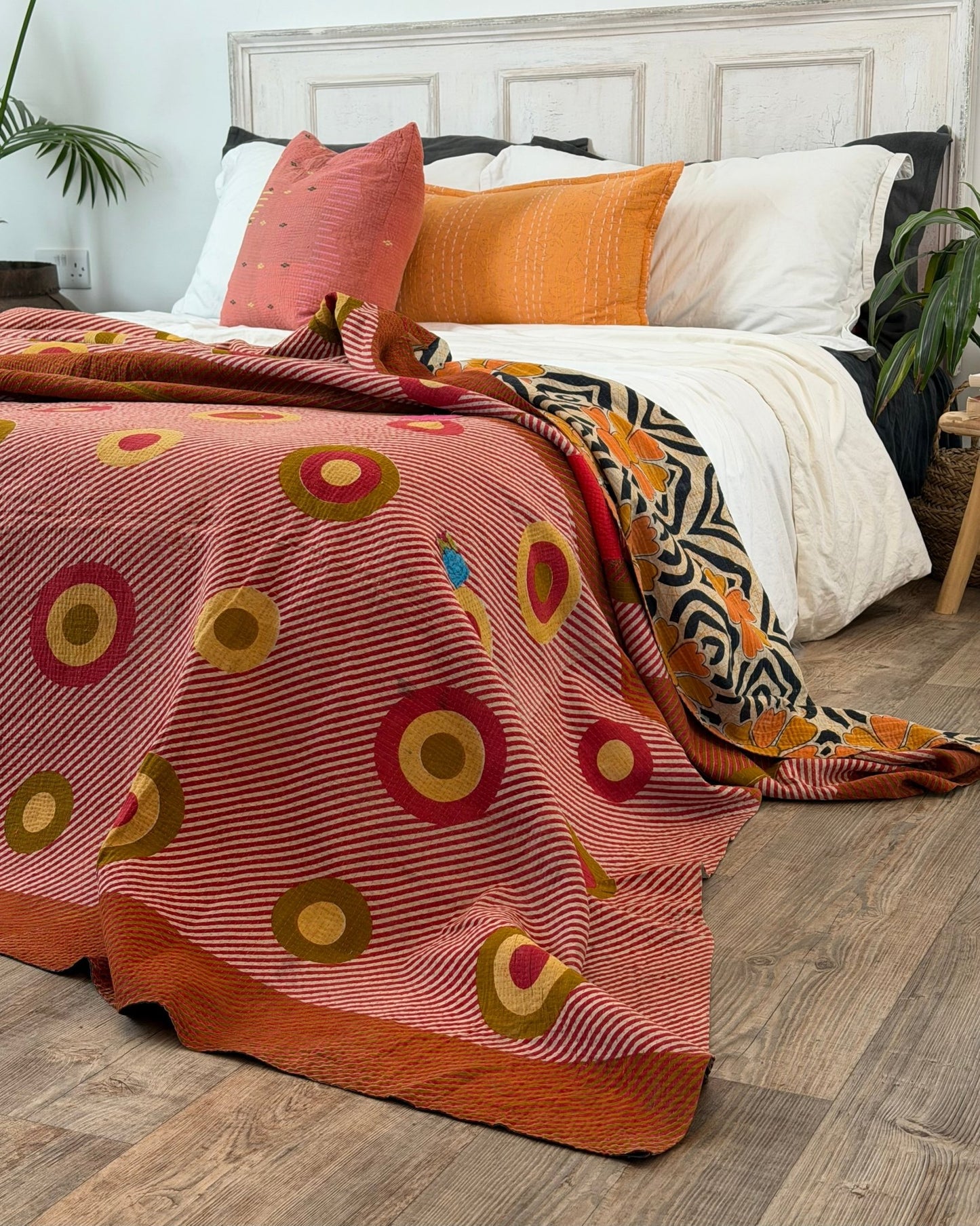 Extra Large Fine Stitched Vintage Kantha Quilt With Pink Dots and Navy Blue Patterns - Biggs & Hill