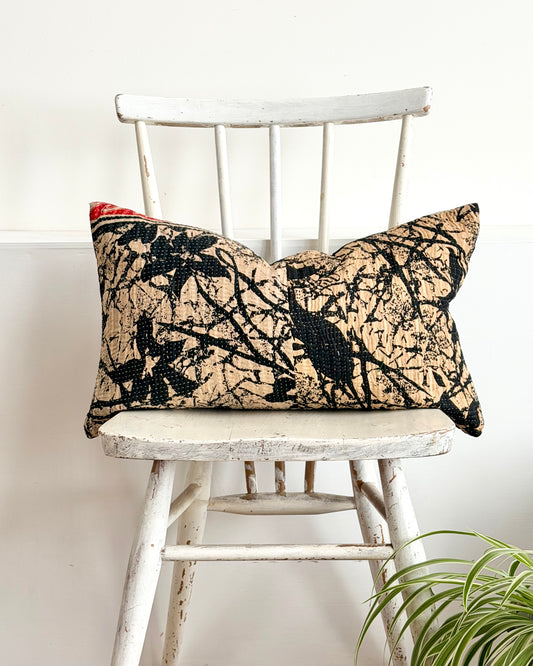 Vintage Kantha Cushion In Black and Red- Small Rectangular