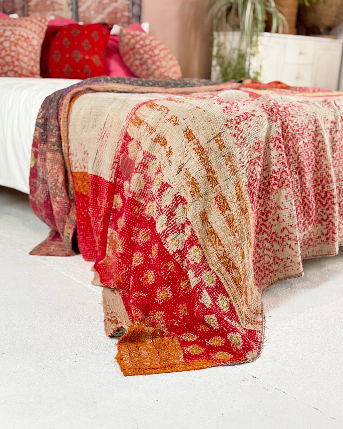 Large Textured Vintage Kantha Quilt in Red and Blue