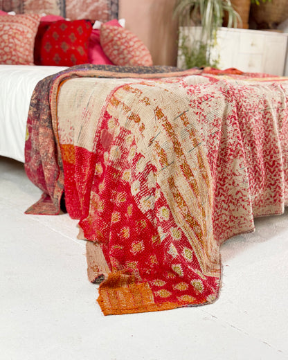 Large Textured Vintage Kantha Quilt in Red and Blue