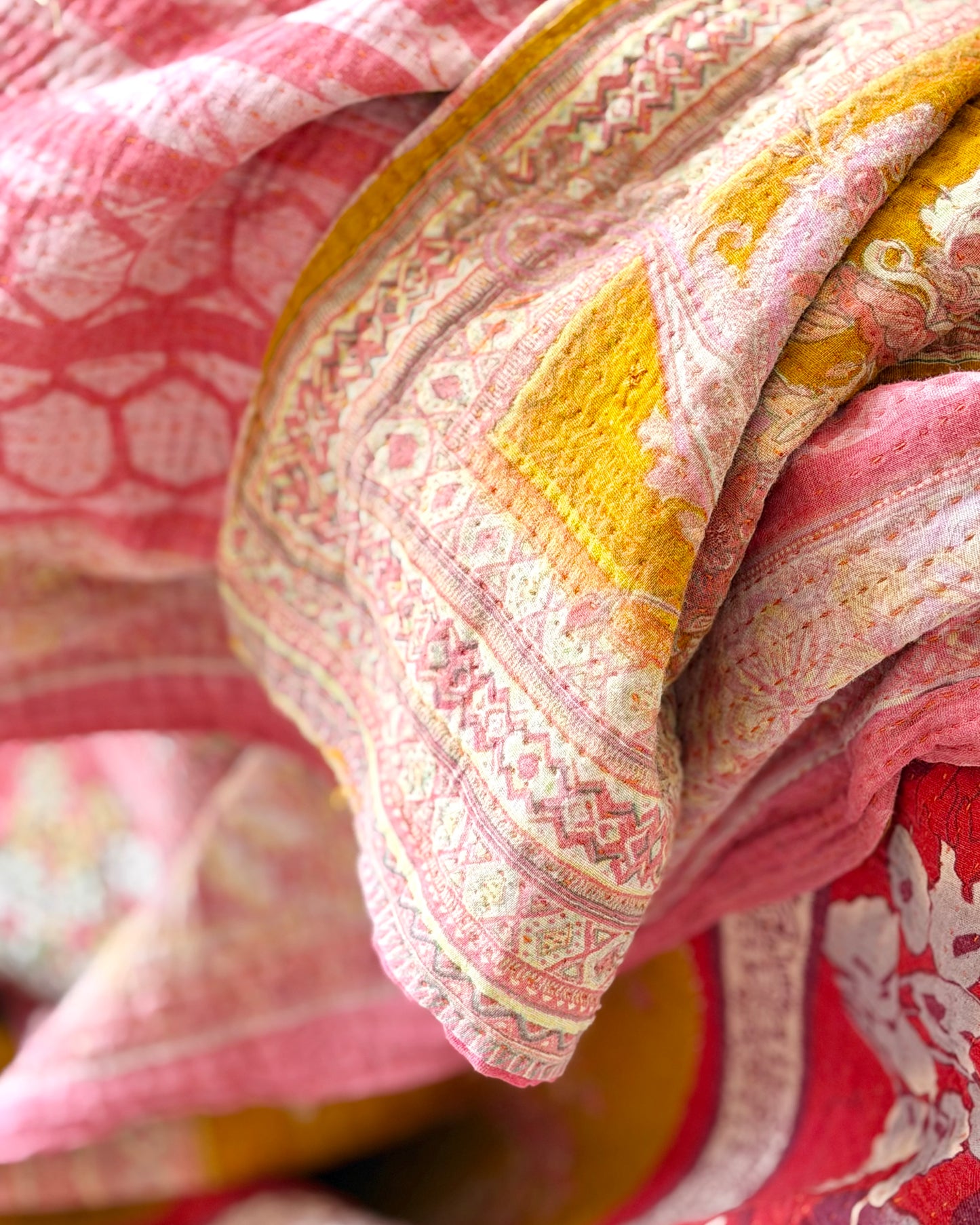 Extra Large Large Fine Stitched Vintage Kantha Quilt in Vibrant Pink, Turquoise, Mustard and Red