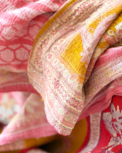 Extra Large Large Fine Stitched Vintage Kantha Quilt in Vibrant Pink, Turquoise, Mustard and Red