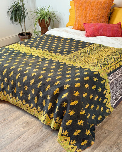 Large Fine Stitched Vintage Kantha Quilt In Orange, Black and Green - Biggs & Hill