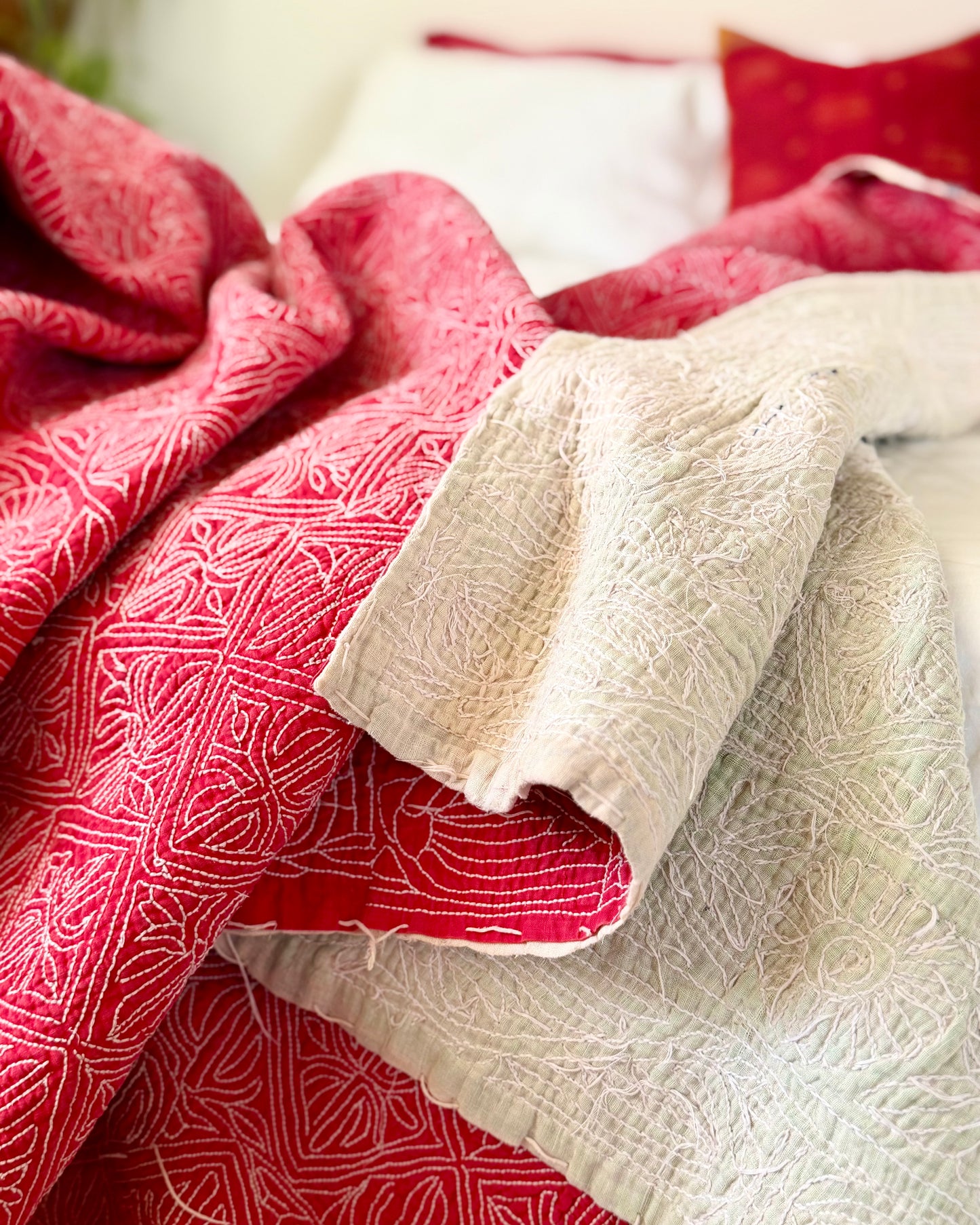 Embroidered Sujini Vintage Kantha Quilt In Red With White Embroidery