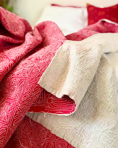 Embroidered Sujini Vintage Kantha Quilt In Red With White Embroidery