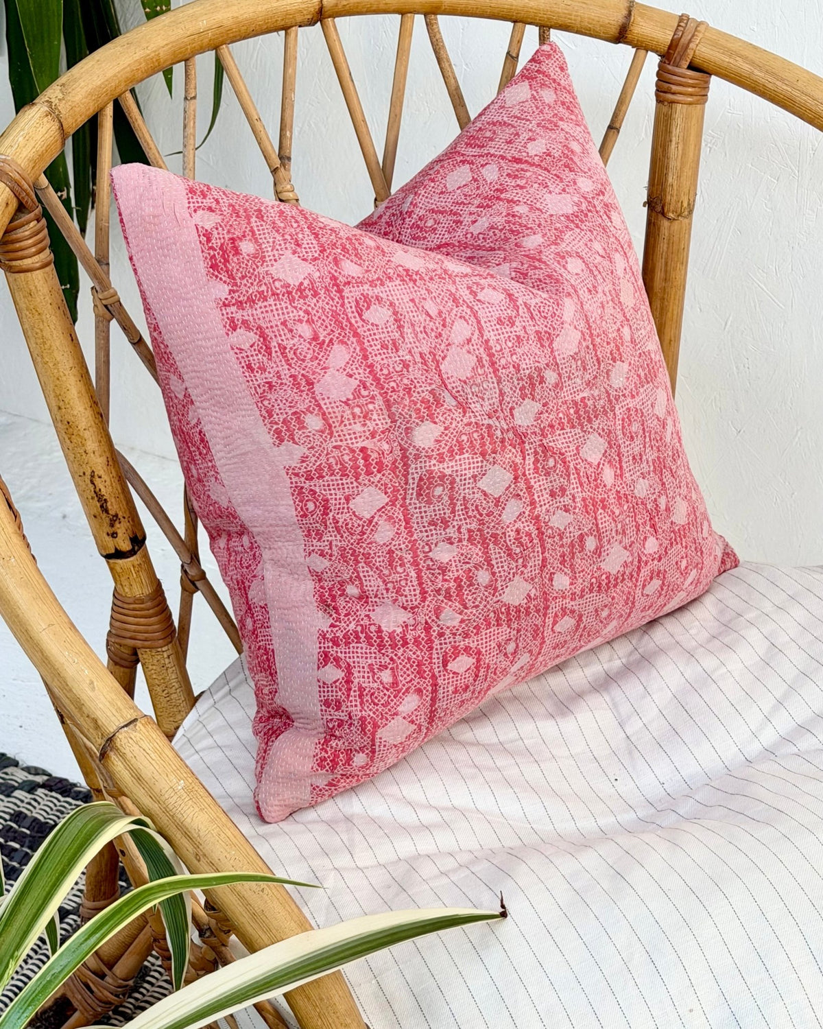 Handmade Vintage Kantha Cushion Cover In Pink- 45cm (18") Square - Biggs & Hill