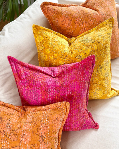 Pink Floral Block Printed Hand Stitched Square Kantha Cushion