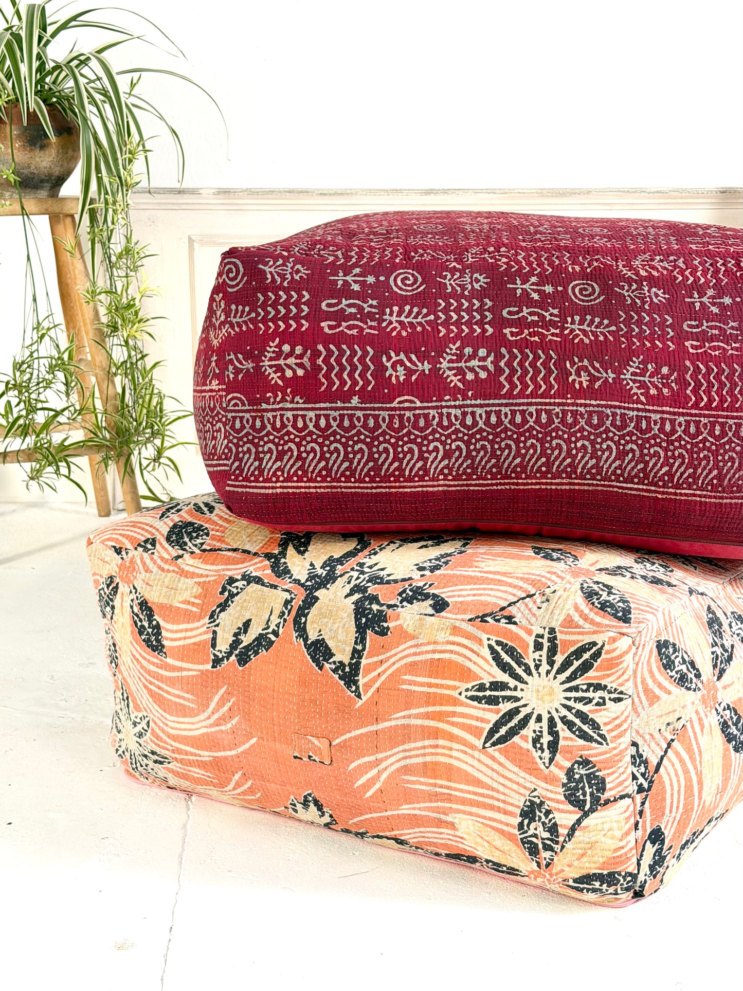 Extra Large Square Pouf Cushion Cover in Dark Red Block Print