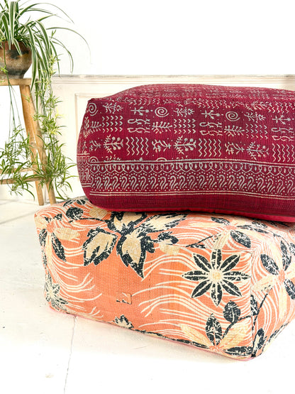 Extra Large Square Pouf Cushion Cover in Dark Red Block Print