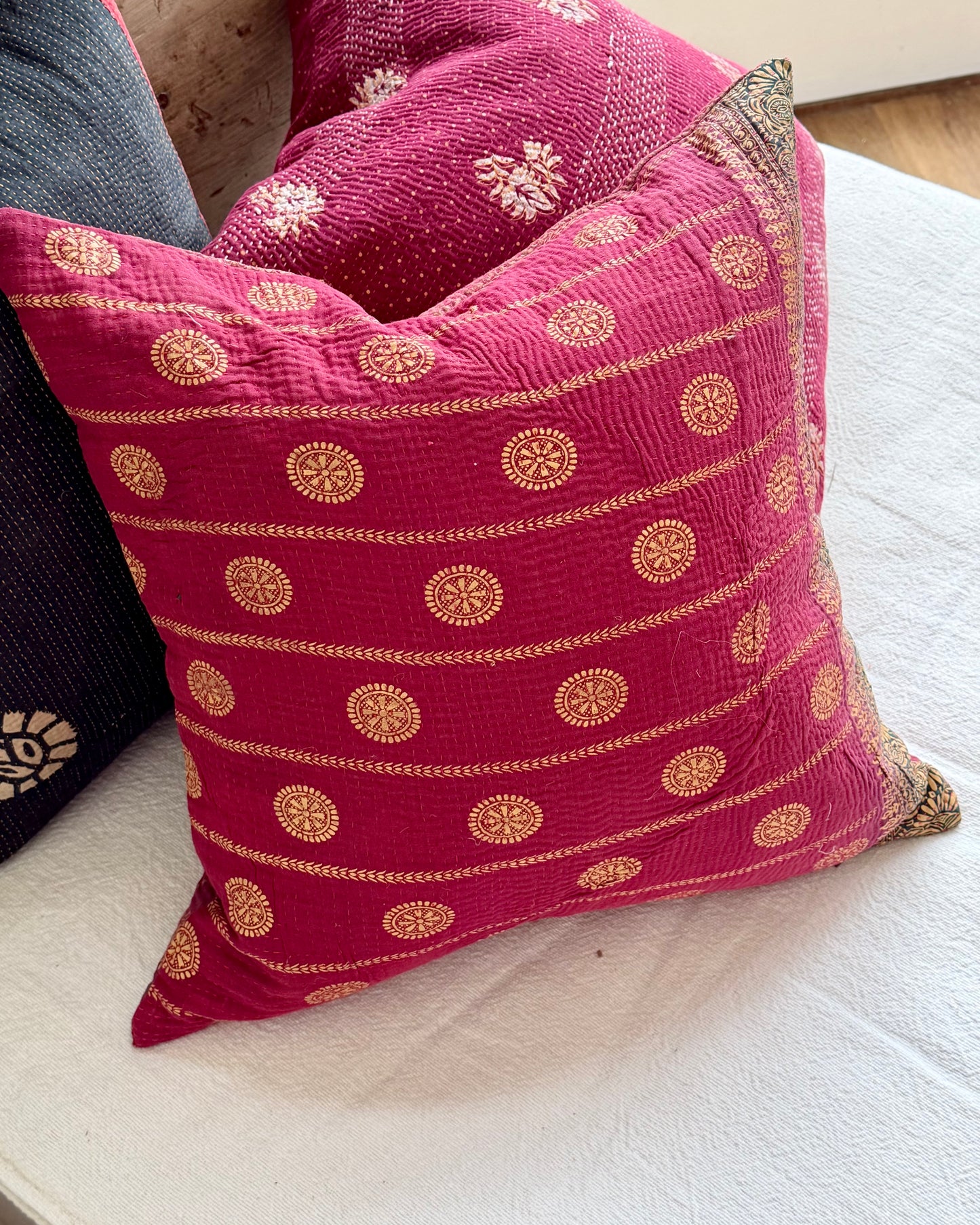 Vintage Kantha Cushion In Burgundy and Gold Dots - 45cm Square