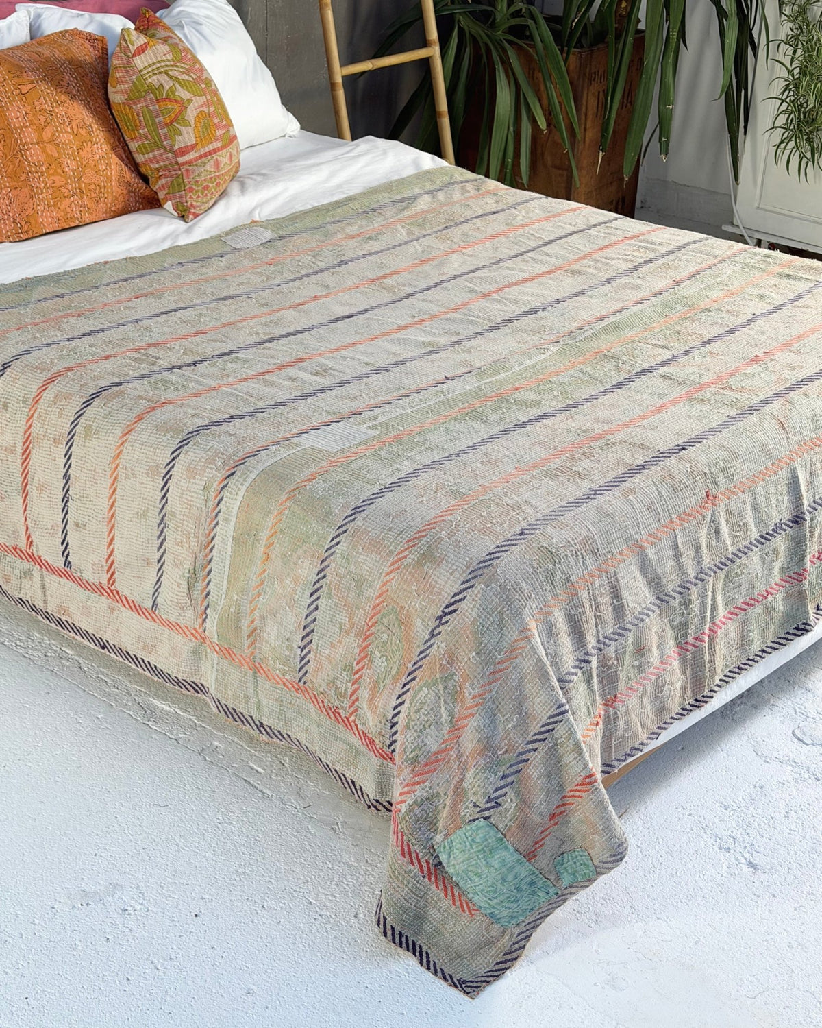 Large Embroidered Vintage Kantha Quilt in Yellow and Light Green - Biggs & Hill