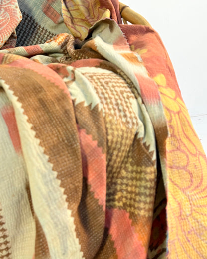 Large Fine Stitched Vintage Kantha Quilt in Peachy Pink Geometrics