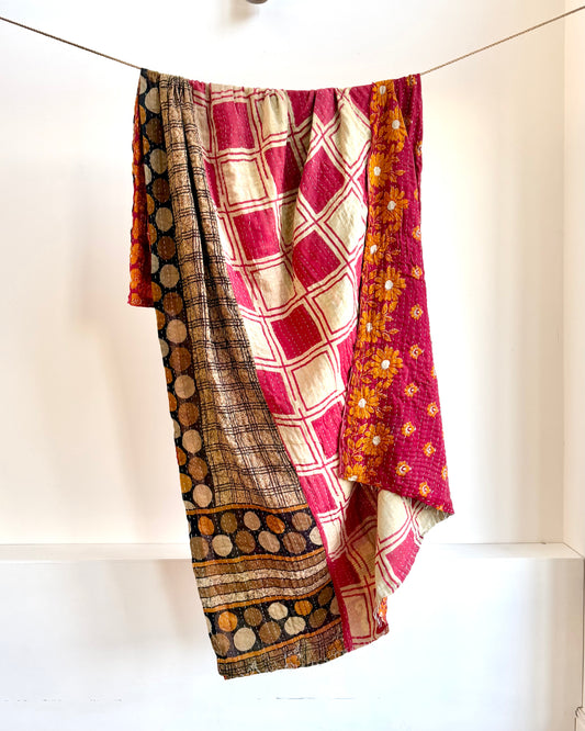 Vintage Cotton Kantha Quilt With Pink Square Pattern #37