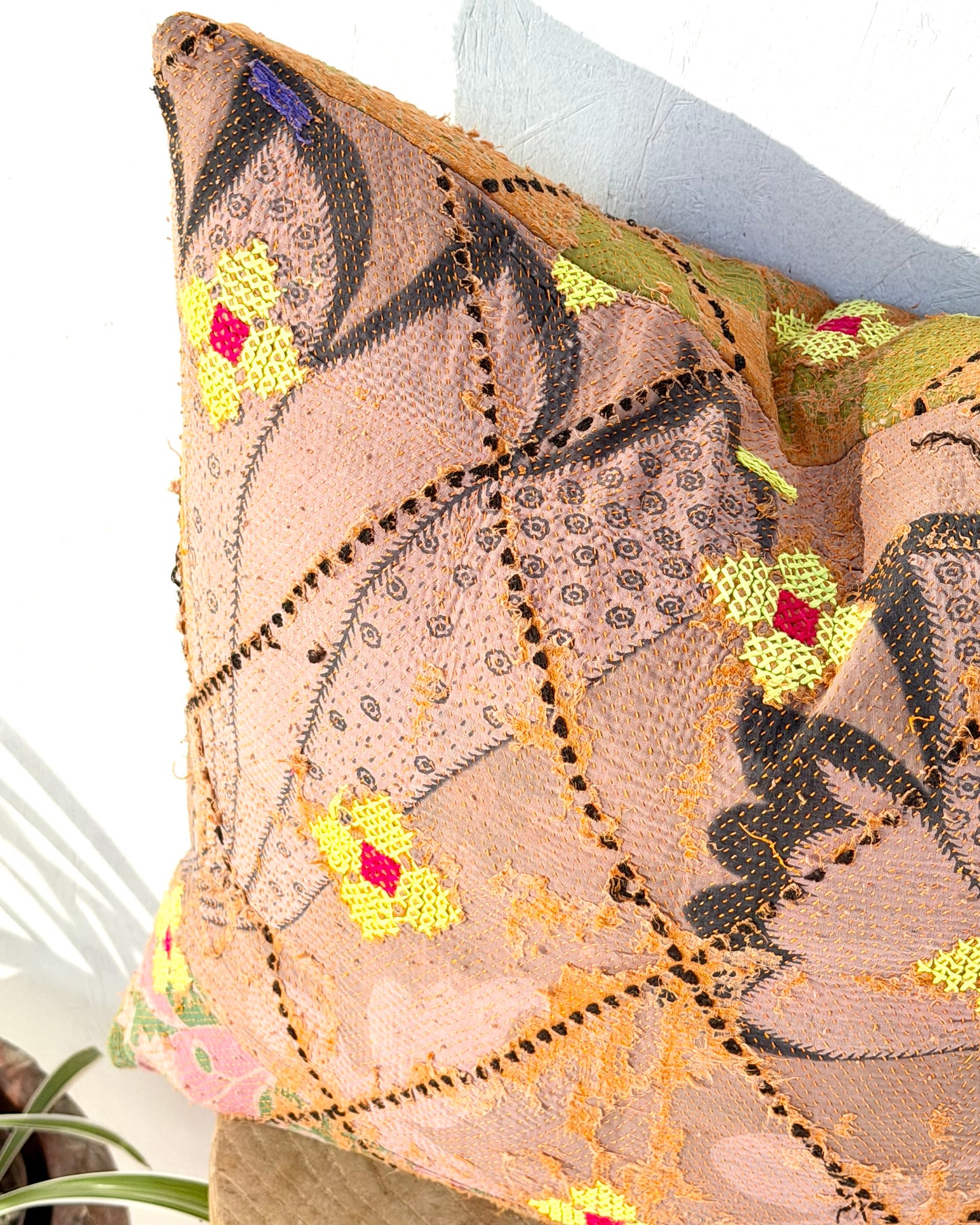 Vintage Kantha Cushion Cover In Textured Orange and Green - 50cm Square