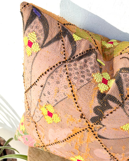 Vintage Kantha Cushion Cover In Textured Orange and Green - 50cm Square