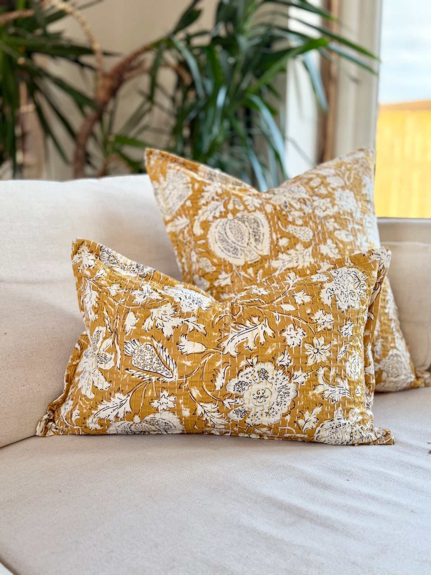 Mustard Yellow Floral Cushion, Block Printed and Hand Stitched Kantha Cotton - Biggs & Hill