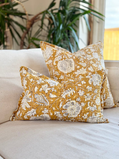 Mustard Yellow Floral Cushion, Block Printed and Hand Stitched Kantha Cotton - Biggs & Hill