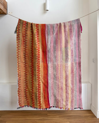 Heavy Kantha Blanket Quilt in Pink and Orange Stripe