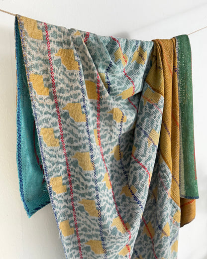 Extra Large Fine Stitched Embroidered Vintage Kantha Quilt in Green, Blue and Terracotta