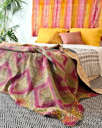 Large Textured Vintage Kantha Quilt in Geometric Pink and yellow - Biggs & Hill