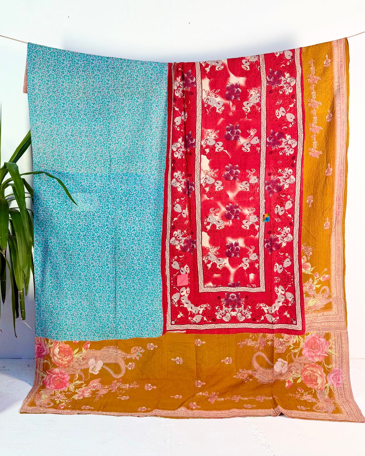 Extra Large Large Fine Stitched Vintage Kantha Quilt in Vibrant Pink, Turquoise, Mustard and Red