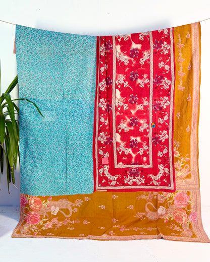 Extra Large Large Fine Stitched Vintage Kantha Quilt in Vibrant Pink, Turquoise, Mustard and Red