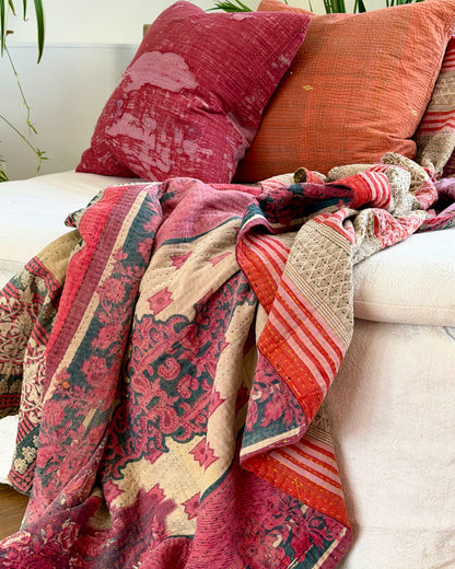 Fine Stitched Vintage Kantha Quilt in Super Soft Pink and Purple