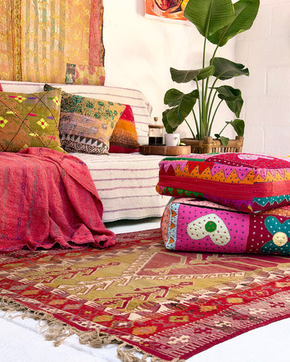 Vintage Kantha Cushion Cover In Textured Orange and Green - 50cm Square