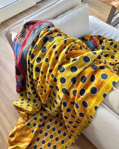 Fine Stitched Vintage Kantha Quilt With Yellow Dots and Blue Floral - Biggs & Hill