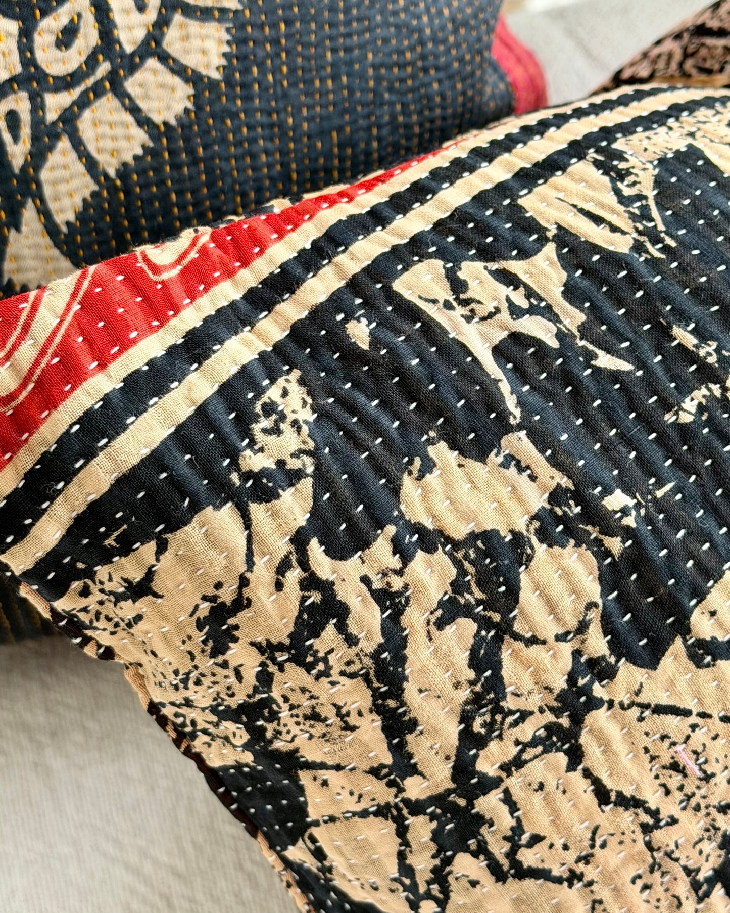 Vintage Kantha Cushion In Black and Red- Small Rectangular