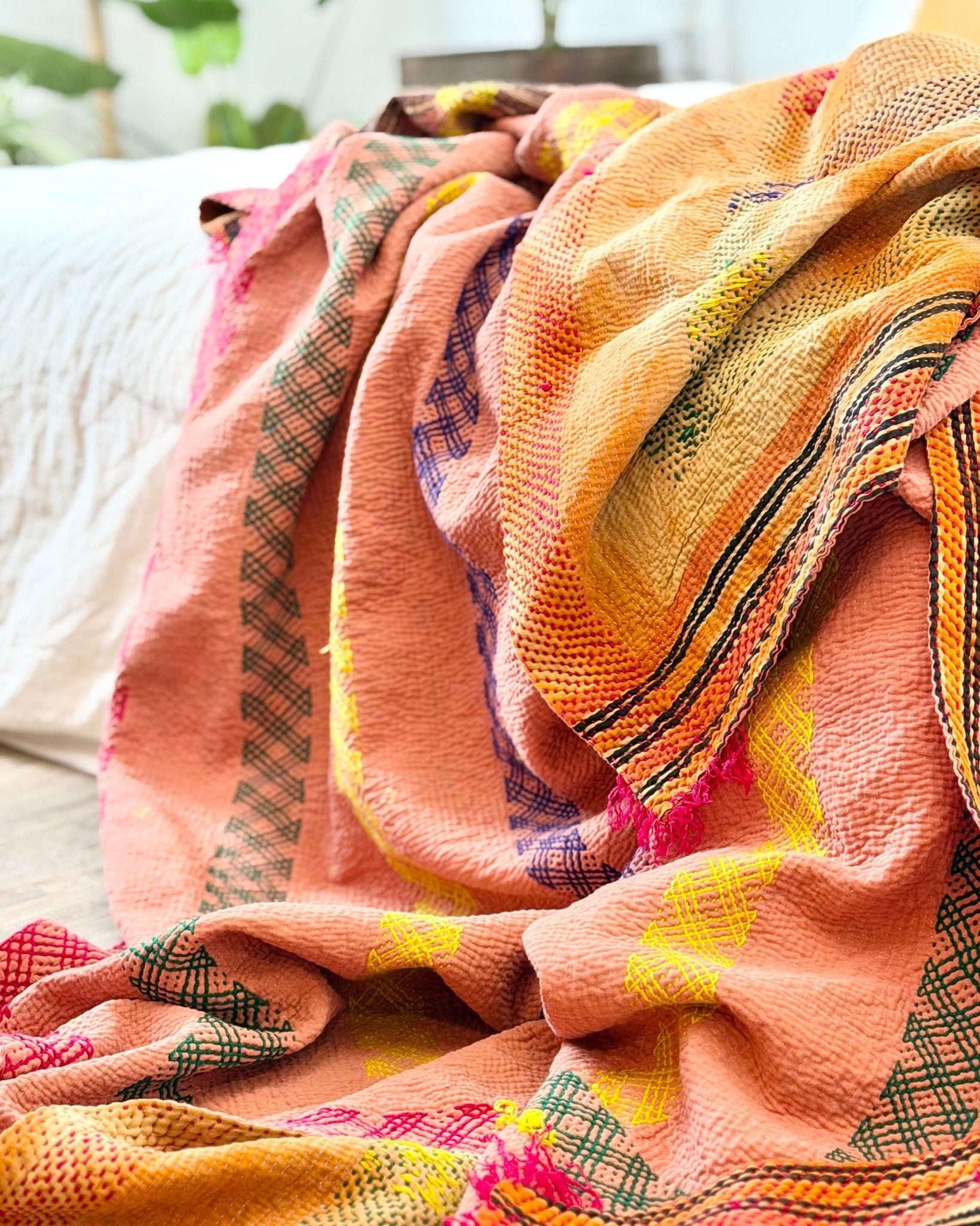 Large Embroidered Vintage Kantha Quilt in Pink and Orange - Biggs & Hill