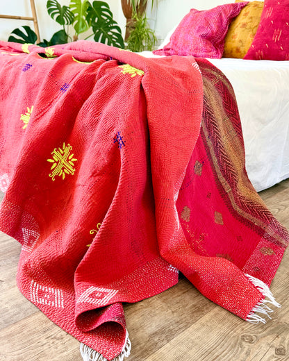 Large Embroidered Vintage Kantha Quilt in Red with Neon Embroidery