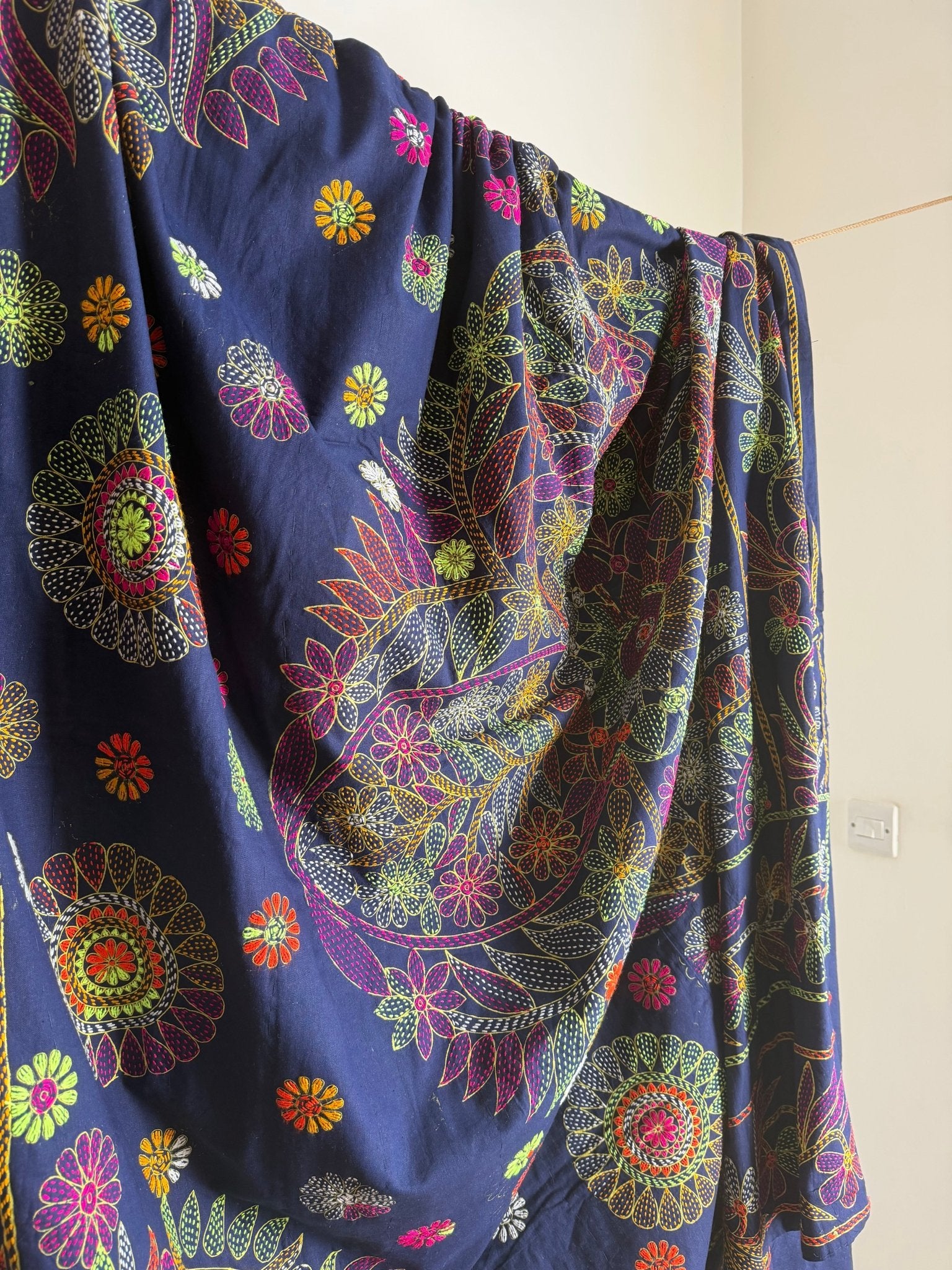 Embroidered Handmade Revival Nakshi Kantha Bedcover in Deep Blue - Biggs & Hill