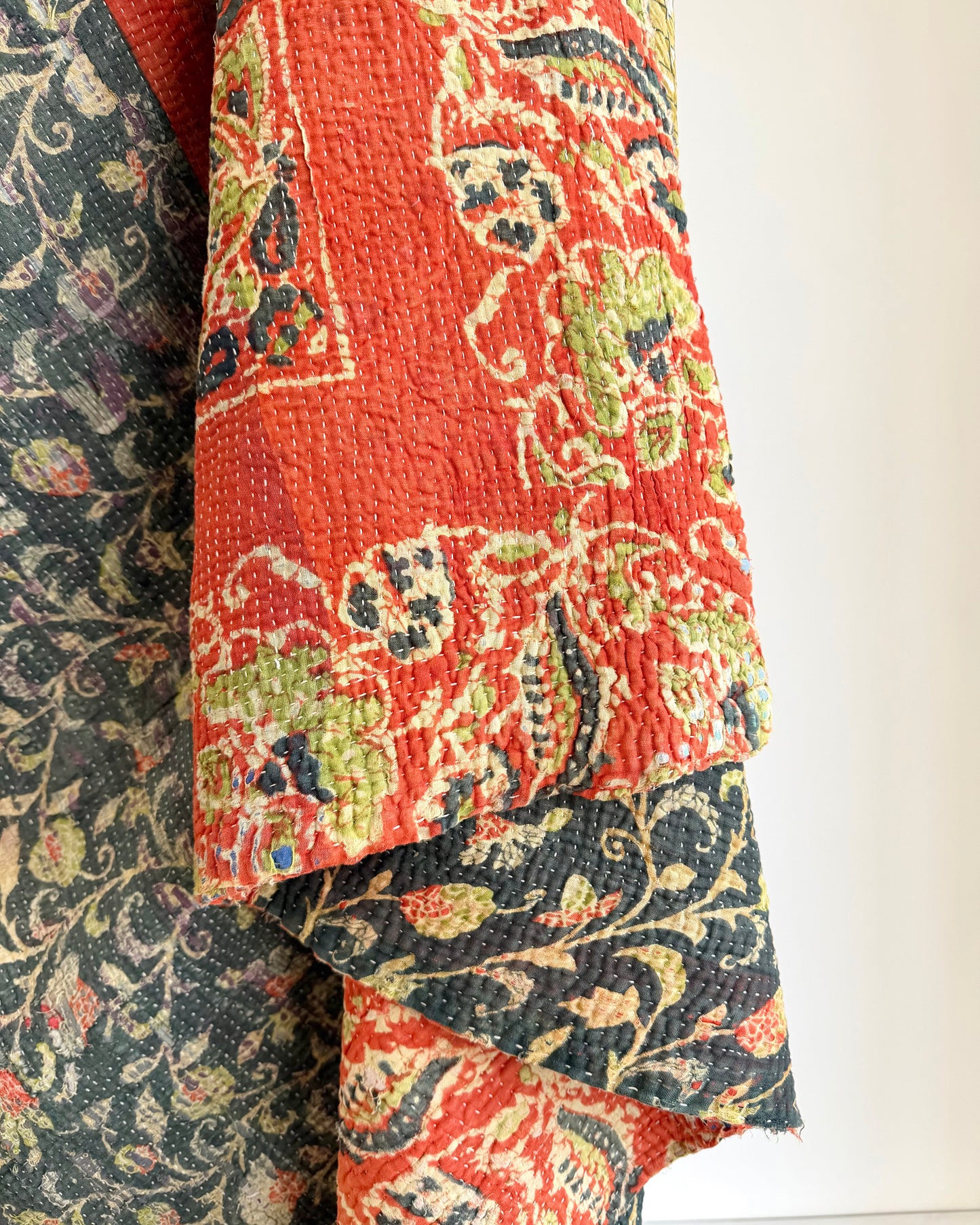 Hand Block Printed Fine Stitched Vintage Kantha Quilt In Muted Blue-Green and Orange