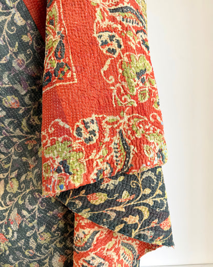 Hand Block Printed Fine Stitched Vintage Kantha Quilt In Muted Blue-Green and Orange