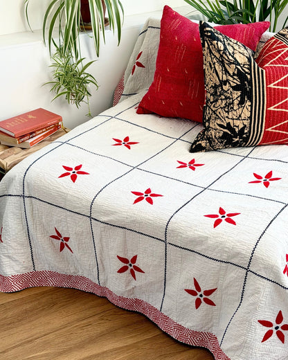Large Embroidered Vintage Kantha Quilt in White With Red Flower Pattern - Biggs & Hill