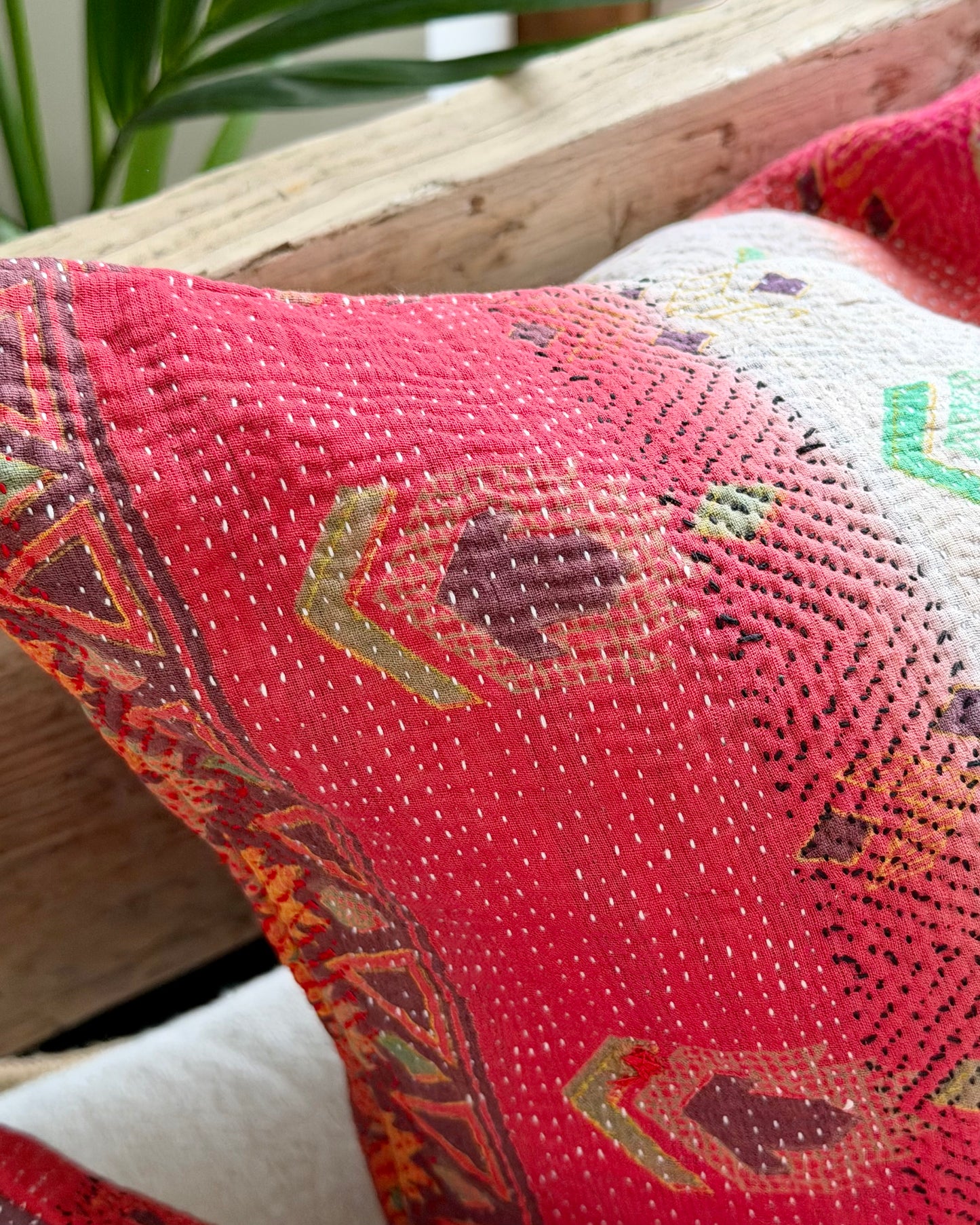 Vintage Kantha Cushion In Pink, White and Purple - 45cm Square