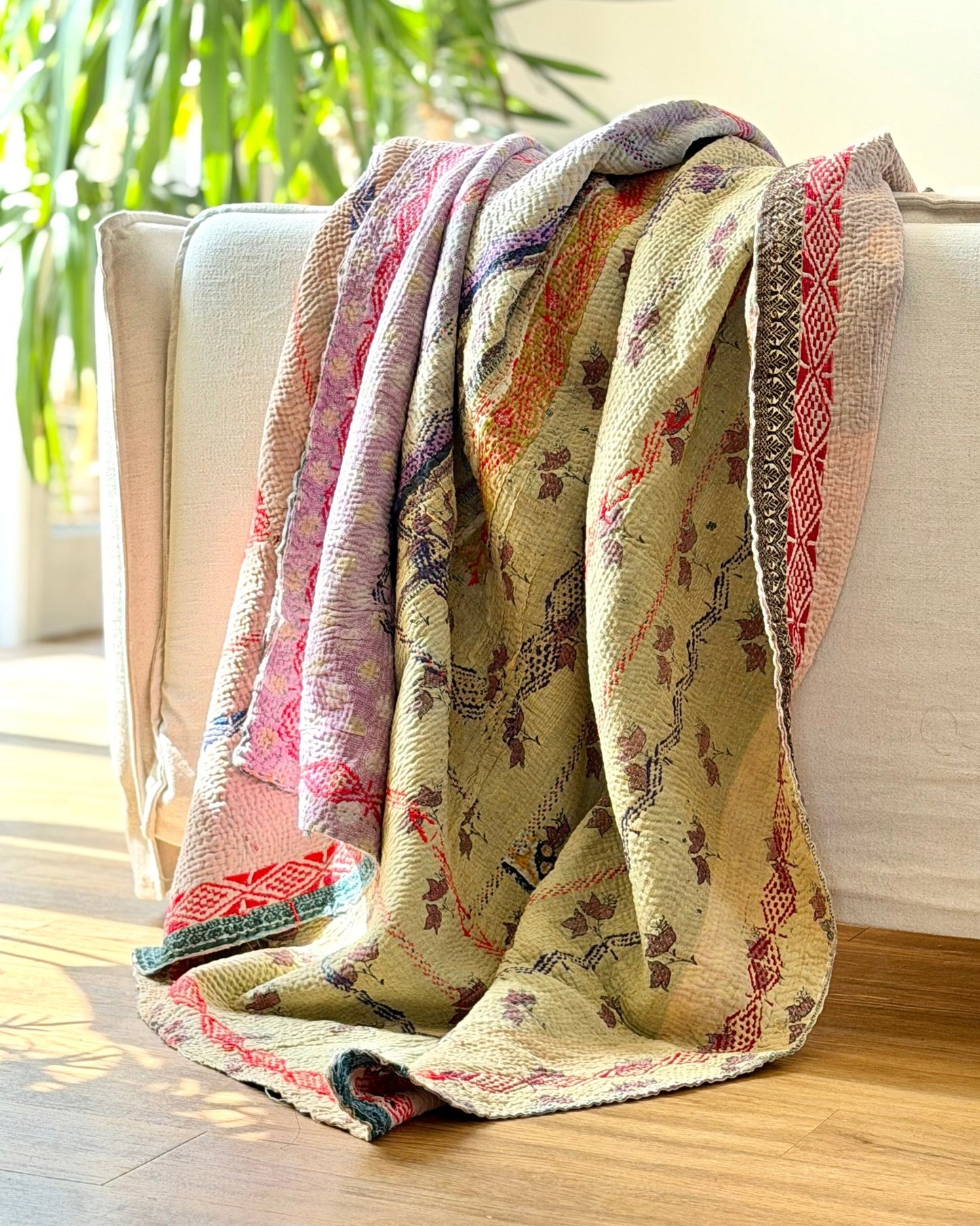 Embroidered Vintage Kantha Quilt in Yellow, Pink and Lilac - Biggs & Hill