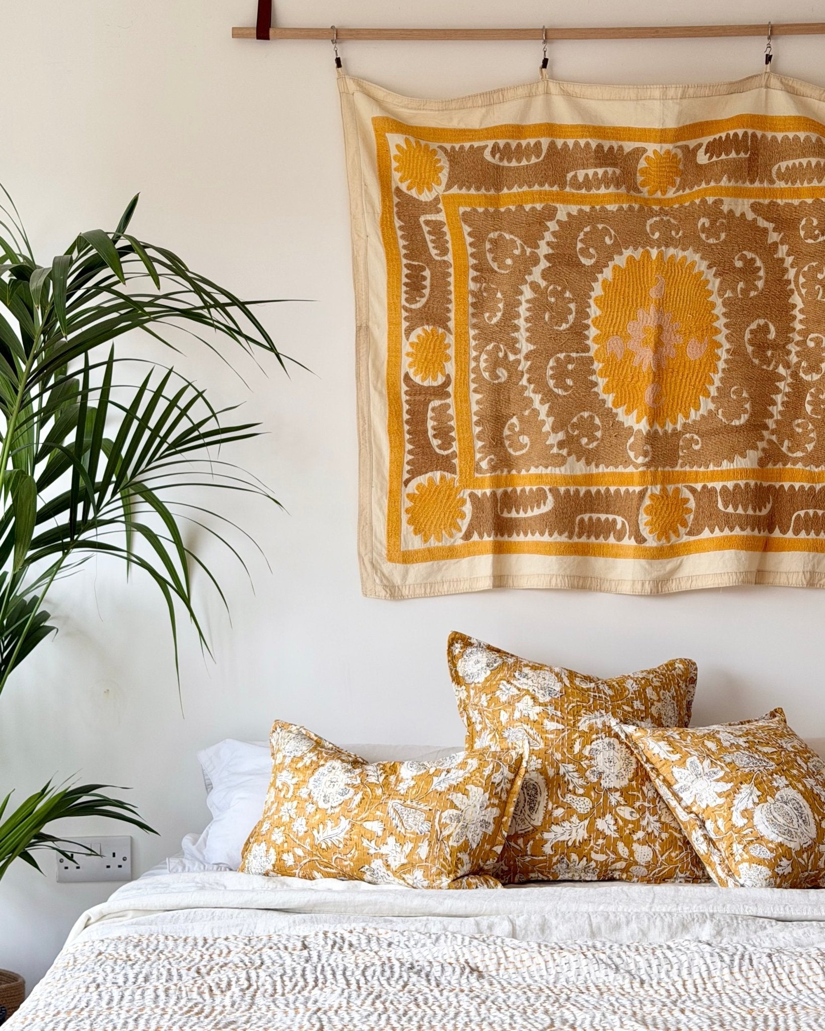 Mustard Yellow Floral Cushion, Block Printed and Hand Stitched Kantha Cotton - Biggs & Hill