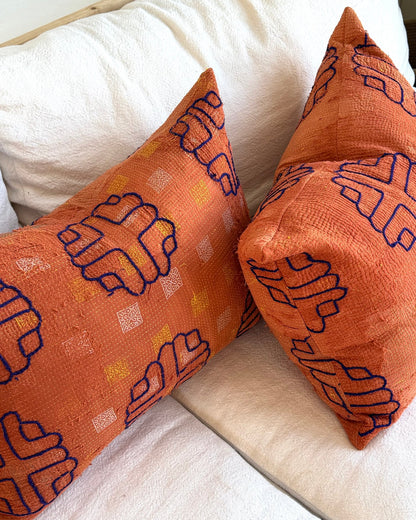 Vintage Kantha Cushion In Terracotta 02 - Large Rectangular - Biggs & Hill