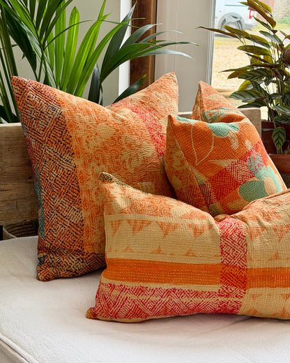 Vintage Kantha Cushion In Floral Orange - 45cm Square